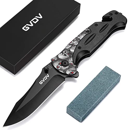 GVDV Utility Pocket Knife with 7Cr17 Stainless Steel - Folding Knife for EDC Outdoor Camping Hunting, Liner-Lock, Clip, Seatbelt Cutter, Glass Breaker for Emergencies, Men Gifts, White Skull