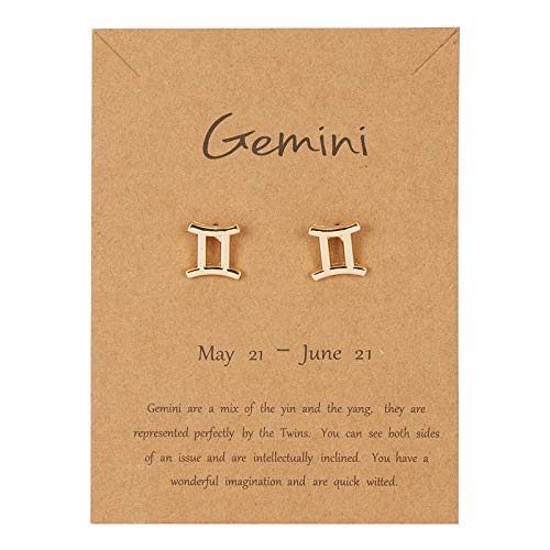New Card Packaging Horoscope Zodiac Stud Earrings 12 Constellation Astrology 18K Gold Plated Little Ear Stud for Women Girls Teens Birthday Anniversary Friendship Exquisite Jewelry Gift (Gemini)