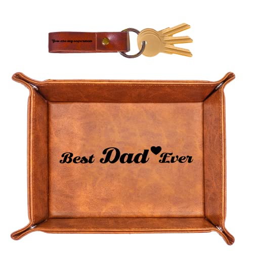 NISCHA Best Dad Ever PU Leather Tray and Keychain, Gifts for Dad Fathers Day, Unique Dad Birthday Gifts from Daughter Son, Men Gifts for Father, New Dad Gifts for Husband from Wife Christmas