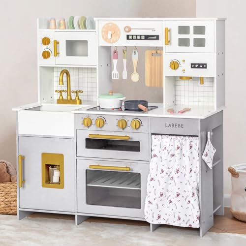 Labebe Wooden Kids Play Kitchen, Toy Kitchen Set with Plenty of Play Features & Cookware, Toddler Kitchen Playset Designed in Trendy Home Style for Boys Girls