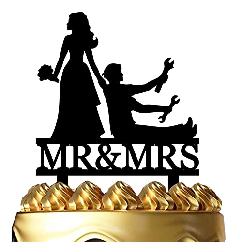 Funny Wedding Cake Topper - Bride Dragging Groom who is holding Repair Tools - Repairman Couple Cake Topper, Mr&Mrs Wedding Cake Topper (Repairman Couple)