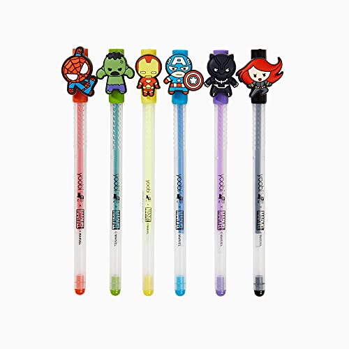 Yoobi x Marvel Gel Pens - Avenger Themed Fine Tip Gel Pens with Pen Charms of Spider-Man, Hulk, Captain America, Black Panther, Black Widow - Marvel Themed Cute Pens - 1.0mm Point, 6 Colors