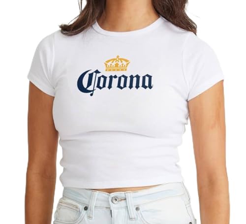 Ripple Junction Corona Women's Short Sleeve Ribbed T-Shirt Classic Crown Logo Form Fitting Juniors Fit White L