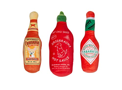 Pearhead Hot Sauce Dog Toys, Set of 3, Hot Sauce Toy Set for Dogs, Must Have Toys for Pet Owners, Plush Chew Toys Set of 3