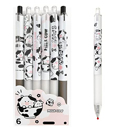 Cute Pens Kawaii 0.5mm Black Ink Gel Pens Fine Point Smooth Writing Ballpoint for Office School Supplies Nice Fun Gifts for Kids Girls Women Pens for Journaling, Pack of 6pcs (Little Milky Cow)