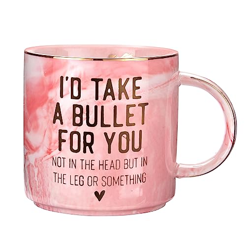 Best Friend Birthday Gifts for Women - Funny Friendship Gift for Bestfriend, Besties, BFF, Sister, Boss Woman, Big Sis, Sorority - I'd Take a Bullet For You - Cute Pink Marble Mug, 11.5oz Coffee Cup