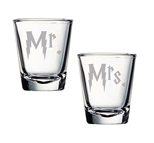 Harry Mr. and Mrs. Etched Shot Glass Set of TWO (By Brindle S. Designs) Potterhead Wedding Gift