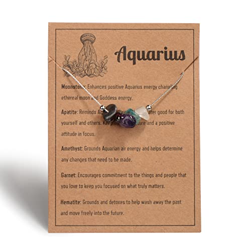 Silver Aquarius Necklace Raw Crystals Zodiac Necklace for Women, Natural Stone Zodiac Sign Choker Astrology Jewelry Healing Crystals Horoscope Gifts