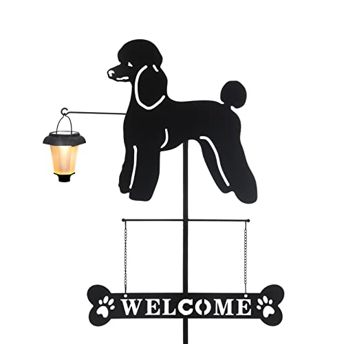 BAYN Solar Poodle Garden Stakes Decorative with a Lantern Dog Silhouette Welcome Sign Outdoor Garden Decor for Yard, Lawn, Patio, Pathway