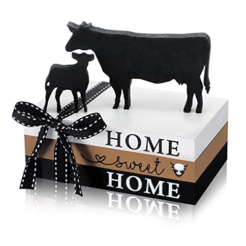 Geetery 5 Pcs Wood Farm Decor Farmhouse Sign Farm Home Tiered Tray Decor Rustic Mini Wood Book Stacks Table Decorations for Home Living Room Table Sign (Cow)