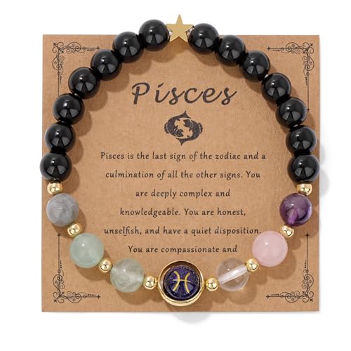 GolbalJew Pisces Zodiac Bracelets Healing Crystal 12 Constellations Protection Stone Beads Bracelet for Women Birthday Zodiac Gifts Horoscope Spiritual Jewelry