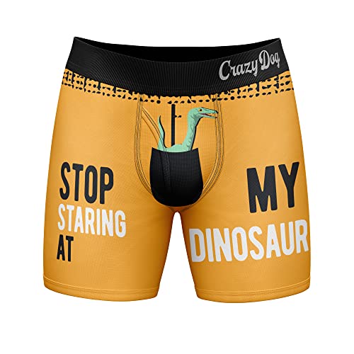 Crazy Dog T-Shirts Mens Stop Staring At My Dinosaur Boxers Funny Sarcastic Sexual Joke Novelty Underwear For Guys Funny Graphic Boxers Sarcastic Funny Dinosaur Mens Novelty Yellow XL