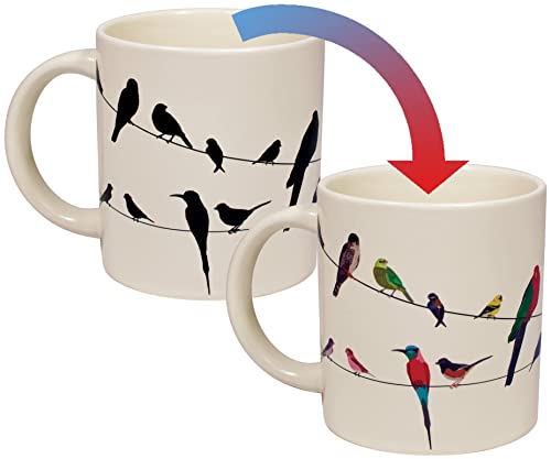 The Unemployed Philosophers Guild Birds on a Wire Heat Transforming Color Changing Mug - Add Coffee to Reveal 18 Colorful Wild Birds, Comes in a Fun Box, 12 oz
