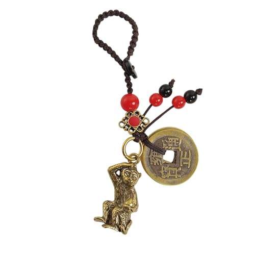 Mansiyuyee Brass Chinese Zodiac Monkey Statue Keychain with 5 Feng Shui Coins, Zodiac Animal Charm Lucky Monkey Key Ring