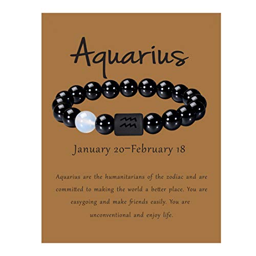 VLINRAS Zodiac Aquarius Bracelet for Men Women Aquarius Gifts Natural Black Onyx Stone Zodiac Charm Bracelet Constellation Horoscope Jewelry