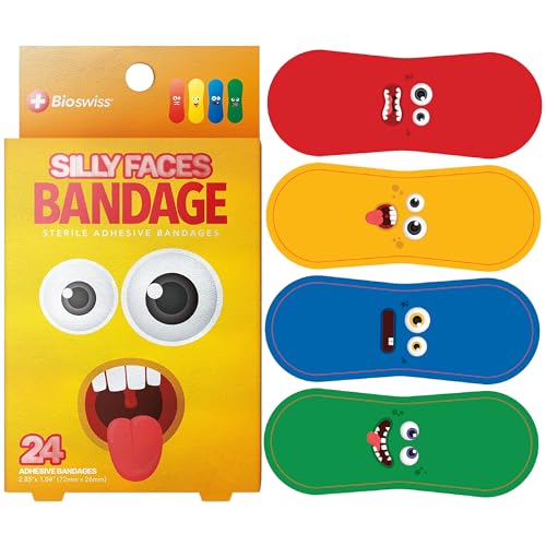 BioSwiss Bandages, Silly Faces Self Adhesive Bandage, Googly Eyes Latex Free Sterile Wound Care, Standard Shape for Kids and Adults, 24 Count