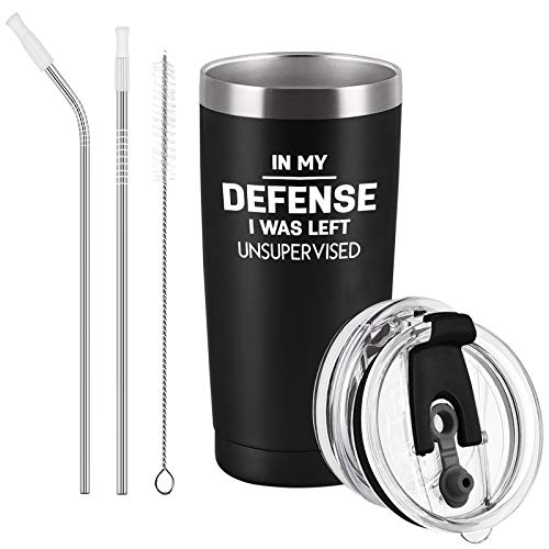 Cpskup in My Defense I Was Left Unsupervised Stainless Steel Insulated Travel Tumbler with 2 Lids and Straws, Christmas Idea for Men Father Boyfriend Coworker for Work Job Office(20 oz, Black)