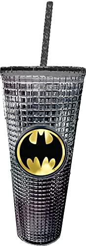Spoontiques - Diamond Tumbler - Textured Cup with Straw - Double Wall Insulated and BPA Free - 20 oz - Batman