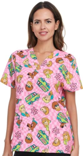 COCO BRANDS Scooby-Doo Women's All Over Print, V-Neck Scrub Top with Pockets - Comfortable Work Uniform, Faces & Mystery Machine, Small