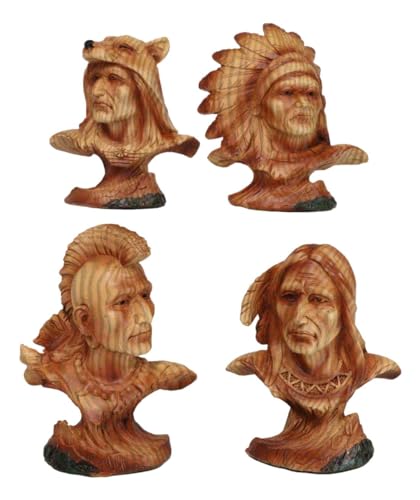 Ebros Gift Set of 4 Faces of Native American Sioux Indian Tribal Warrior Chief Faux Cedar Wood Figurines 4' H As Home Decor Sculpture Cultural Heritage History Sculpture