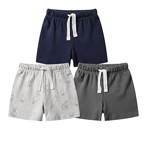 Owlivia Baby Boy Shorts, Toddler Unisex Pull-on Knit Shorts, Summer Organic Cotton Shorts, 3 Pack Pants (Gray & Navy & Grey Rabbit, 18-24 Months)