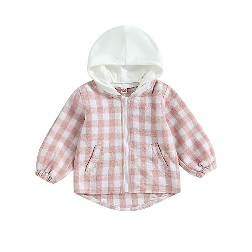 Douhoow Toddler Baby Plaid Jacket Baby Boy GIrl Flannel Hoodies Zip Up Hooded Fall Winter Outerwear Coat (Pink, 6-12 Months)