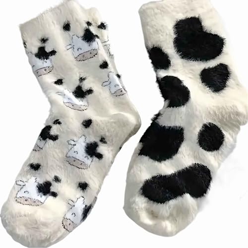 Lefe Liee fuzzy cow print socks for women, cute winter fluffy slipper slouchy socks, warm thick cozy socks cow print stuff chunky socks, fall gifts for women, cow themed gifts