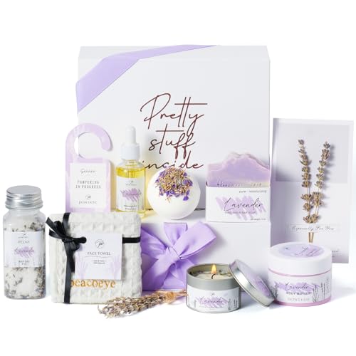 Peacoeye Gifts for Women Spa Gifts Lavender Bath Gift Baskets Mothers Day Relaxing Self Care Gift for Mom Her Sister Wife Auntie Home Bath and Body Works Care Package Birthday Friendship Gift Ideas