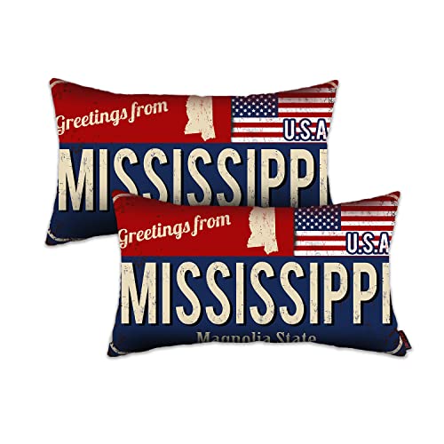 Doraloko Throw Pillow Cover 12x20 Set of 2, Mississippi Decor Gift Souvenir, American Flag License Plate Lumbar Pillowcase, Greetings from Magnolia State(MS, USA) - Cushion Case Sham, No Inserts