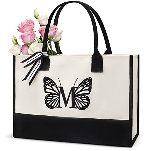 Gifts for Women, Unique Embroidery Personalized Initial Canvas Tote Bag, Gift Ideas, Womens Birthday Beach Christmas Butterfly Gifts for Her Mom Woman Sister Teacher Best Friend Female, Letter M