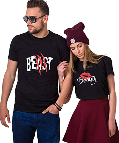 Beast Beauty Matching Couple T-Shirt for Husband Wife,Pure Cotton Matching T-Shirt for Lover（Pack of 1 T-Shirt）-Black-Beauty-M