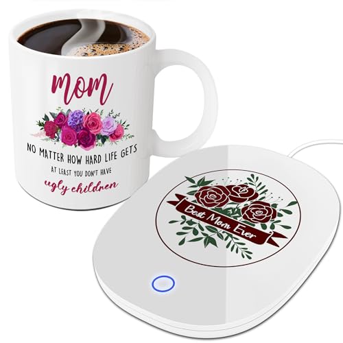 Gifts for Mom, Mothers Day Birthday Gifts for Mom, Moms Gift from Daughters Son, Smart Warmer Thermostat Coaster with Mug, Beverage Warmer Maintain Temperature 120℉-140℉(Flowers)