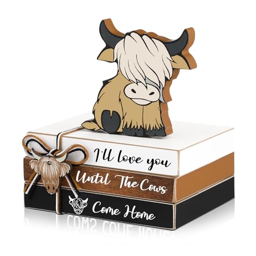 4 Pieces Highland Cow Tiered Tray Decor Mini Wood Book Stacks Table Decorations Highland Cow Wooden Book Rustic Farmhouse Highland Cow Table Sign for Home Room Table Mantle Fireplace Shelf