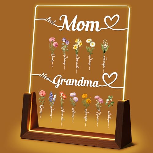 Idiyfun Personalized Mothers Day Gifts for Grandma Mom from Daughter Grandkids Custom Acrylic Plaque Walnut Frames First Mom Now Grandma Customized Birthday Gifts for Mother Grandmother