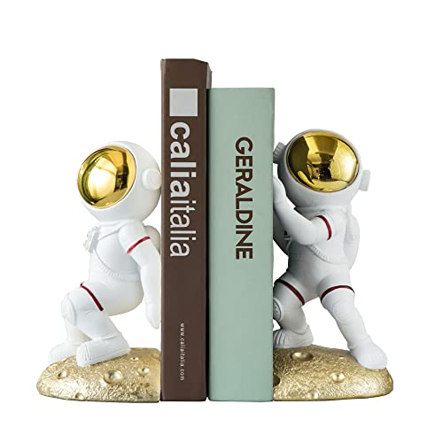 Banllis Space Theme Bookends for Shelves, Astronaut Moon Book Ends for Kids Room, Decorative Planet Book Stoppers to Hold Books Heavy Duty, Unique Boys and Girls Gift (Gold)