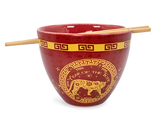 Year Of The Tiger Chinese Zodiac Ceramic Dinnerware Set | Includes 16-Ounce Ramen Noodle Bowl and Wooden Chopsticks | Asian Food Dish Set For Home & Kitchen | Kawaii Lunar New Year Gifts