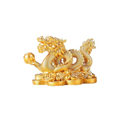 YODOOLTLY Feng Shui Dragon Statue- Chinese Dragon on Ancient Coins Figurine Ornament Attract Wealth and Good Luck Office Home Decor (Gold)