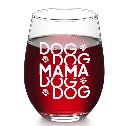 DAZLUTE Funny Dog Mom Gifts for Her, DOG MAMA Stemless Wine Glass for Women Dog Mom Dog Lover, Mother's Day Christmas Birthday Gifts for Dog Lover Dog Mom Dog Owner Aunt Lady Girl Women Friend, 17oz