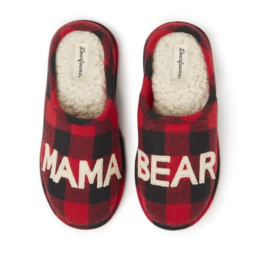 Dearfoams Women's Gifts for Mom Cute Cozy Mothers Day Mama Bear Slipper, Buffalo Plaid, 9-10