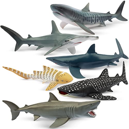 TOYMANY 6PCS 5-6' L Realistic Shark Bath Toy Figurines, Plastic Ocean Sea Animals Figures Set Includes Whale Shark,Tiger Shark,Mako Shark, Cake Toppers Christmas Birthday Gift for Kids Toddlers