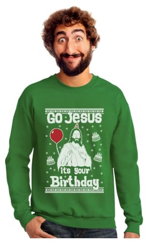 Tstars Go Jesus It's Your Birthday Sweatshirt Men Funny Ugly Christmas Sweater Style Medium Green
