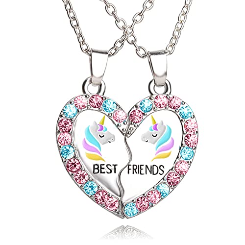 MJartoria BFF Necklace for 2, Best Friend Necklaces Cute Design Valentines Day Gifts Matching Heart Pendant Friendship Necklaces (Pink, Cute Unicorn)