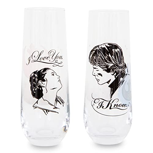 Toynk Star Wars Han and Leia I Love You, I Know 9-Ounce Stemless Fluted Glassware, Set of 2, Toasting Champagne Glass Cups For Wine, Mimosas, Home Bar & Kitchen Essentials, Housewarming Gifts