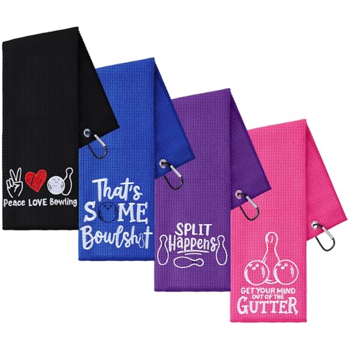 VitalCozy 4 Pcs Bowling Towel Funny Bowling Towel Embroidered Bowling Towel with 4 Grommets Bowling Accessories for Men Women Bowling Gift (Vivid Style)