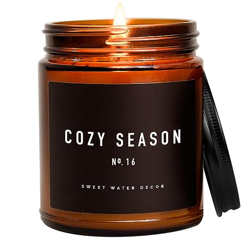 Sweet Water Decor Cozy Season Candle | Woods, Warm Spice, and Citrus Autumn Scented Soy Candles for Home | 9oz Amber Jar, 40 Hour Burn Time, Made in the USA