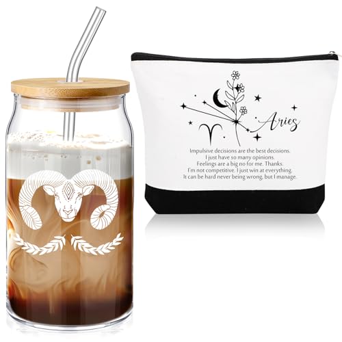 Sliner Set of 2 16 oz Celestial Zodiac Signs Birthday Gift for Women Glass Cup with Lids Straws Horoscope Zodiac Flower Sign Make up Bag Zodiac Gift Valentine's Day Gift for Daughter Mom(Aries)