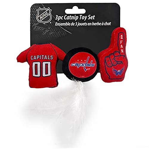 BEST PLUSH CAT TOY NHL WASHINGTON CAPITALS Complete Set of 3 piece Cat Toys filled with Fresh Catnip. Includes: 1 Jersey Cat Toy, 1 Hockey Puck Cat Toy with Feathers & 1 #1 Fan Cat Toy. With Team LOGO
