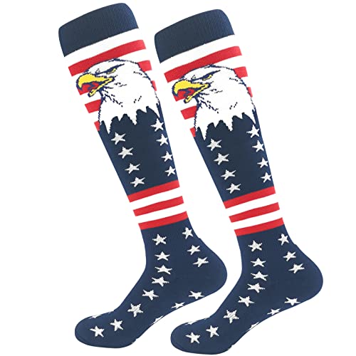 BUENWAZ Men's American Flag Baseball Socks, Athletic Knee High Football Sock, Patriotic Over the Calf Socks (1 Pack, Eagle, Size 8-12)