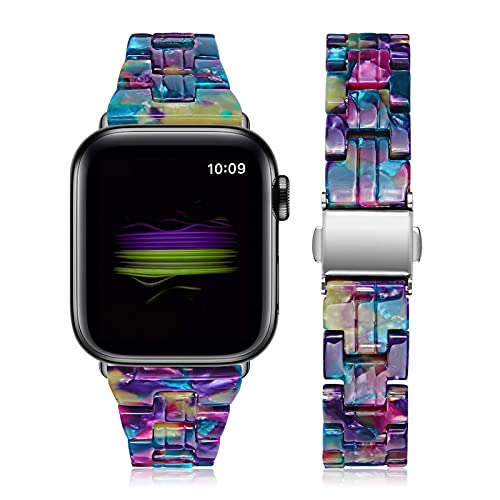 JOYOZY Compatible with Apple Watch Bands 38mm 40mm 41mm Fashion Slim Resin Band For Apple Watch Series 9 8 7 6 5 4 3 2 1 SE (Purple Green Flower-Uniqe, 38MM 40MM 41MM)