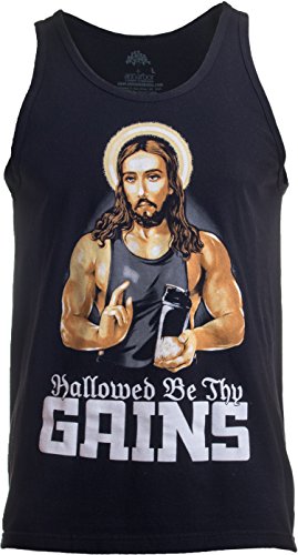 Ann Arbor T-shirt Co. Hallowed Be Thy Gains | Funny Muscle Jesus Weight Lifting Workout Humor Tank Top-(Adult,L) Black